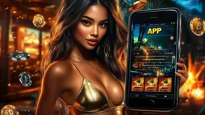 Woman presenting mobile casino application with bitcoin coins and golden lighting effects