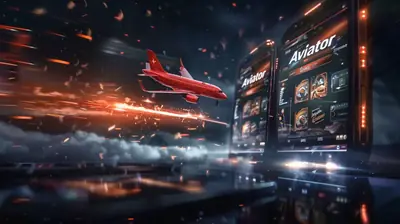 Red commercial airplane with dramatic fire trails and aviator game interface on screen