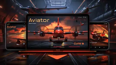 Red airplane aviator game displayed across smartphone tablet and laptop screens in hangar