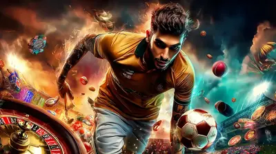 Dynamic man in action with roulette wheel soccer ball cricket ball and casino elements