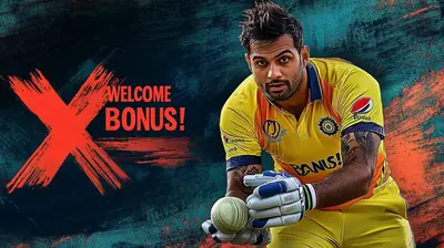 Cricket player in yellow uniform promoting welcome bonus offer with bold graphics
