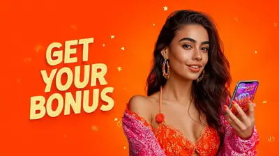Smiling woman on bright orange background encouraging users to claim their mobile casino bonus