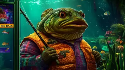 Anthropomorphic bass fish character dressed in fishing gear for slot game theme