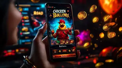Hands holding smartphone showing chicken ballonix slot game with flying gold coins