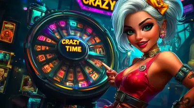 Stylized female host presenting colorful crazy time spinning wheel in vibrant casino setting