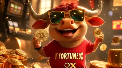 Happy cartoon bull character wearing sunglasses holding bitcoin cryptocurrency coins