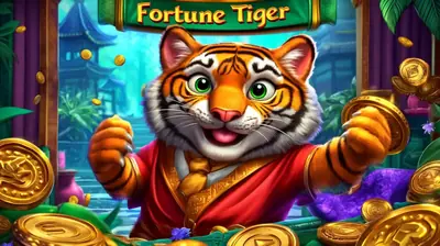 Cheerful cartoon tiger mascot in red robe celebrating with gold coins for fortune themed slot
