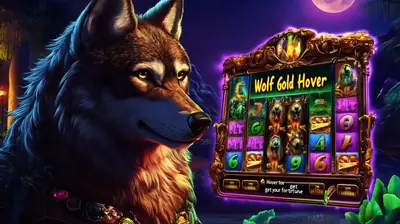 Majestic wolf character beside ornate slot machine interface showing wolf gold hover game